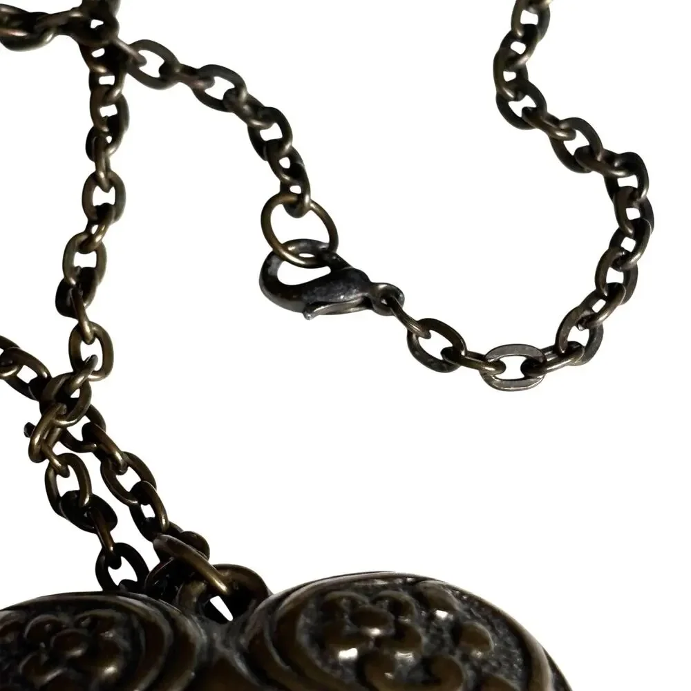 Puffy heart pendant necklace antiqued golden bronze color dimensional details